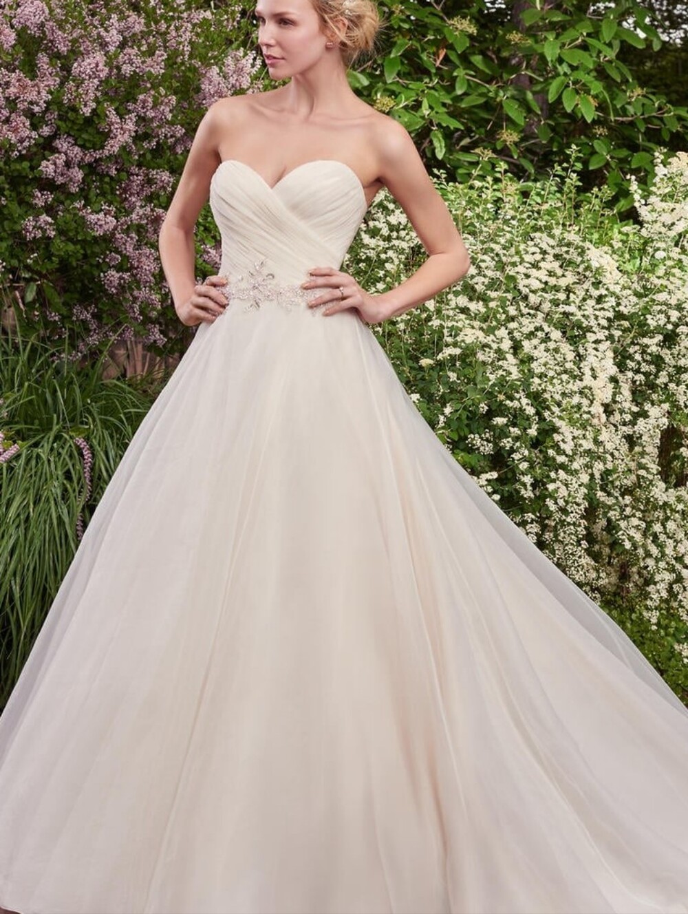 Elegant Champagne Wedding Dress with Silver Embellished Waist - Rebecca Ingram